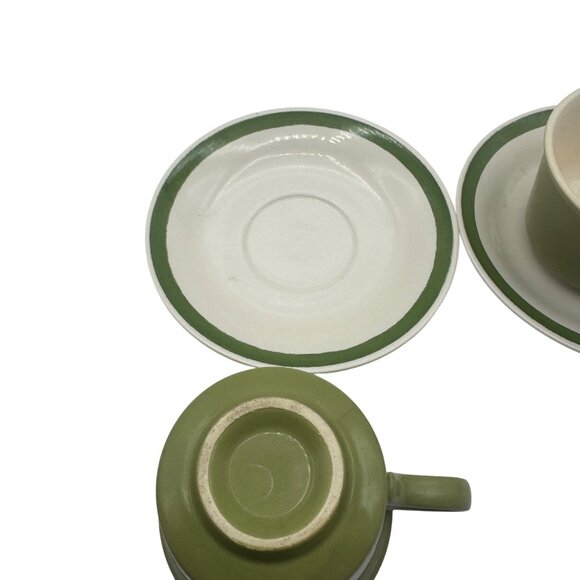 Set Of Two Ceramic Teacups With Matching Saucers Green And White Accent Design - Picture 4 of 6